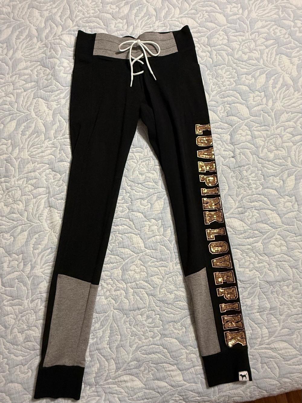 PINK Victoria's Secret Black Leggings with Gray Accents and Gold Logo